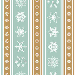 beautiful light green and gold vertical Christmas background with cute pattern of different snowflakes on stripes