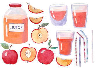 apple juice in a jar and glasses apples near a jar, watercolor still life on a white background