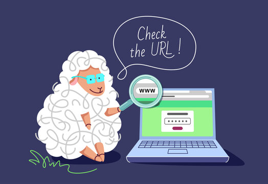 Pharming and phishing concept. The clever sheep with a laptop and magnifying glass, teaching to check the URL, not to be redirected to the fake web site.