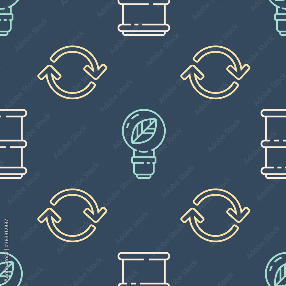 Poster set line barrel, refresh and light bulb with leaf on seamless pattern. vector.