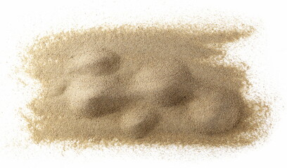 Pile desert sand isolated on white background, top view