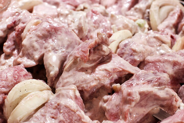 Pickled kebab. Fresh meat with onions. Food background