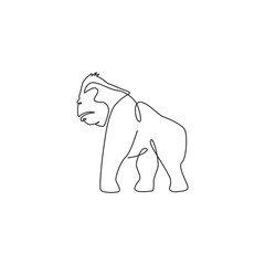 One continuous line drawing of gorilla for national park logo identity. Primate animal portrait mascot concept for conservation forest icon. Dynamic single line draw graphic design vector illustration