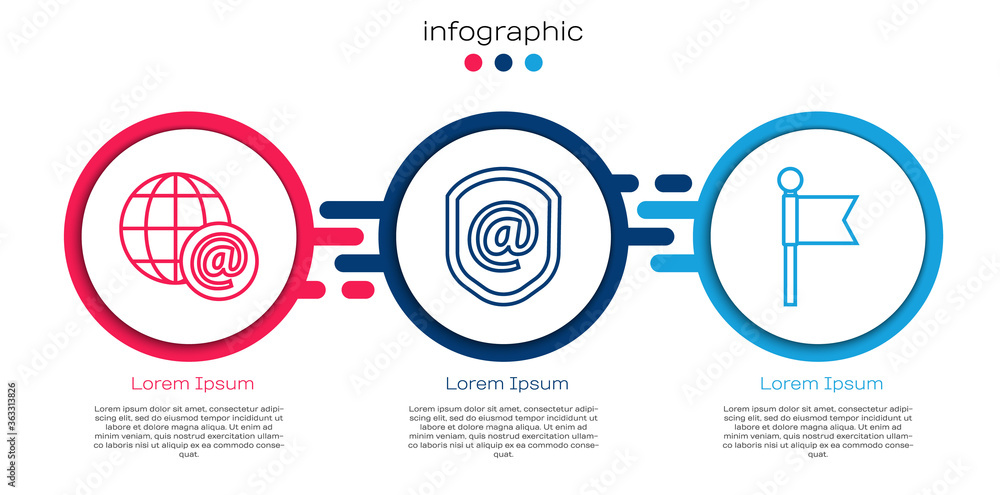 Poster set line earth globe with mail, shield with mail and e-mail and location marker. business infographi