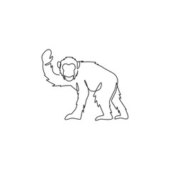 Single continuous line drawing of cute jumping chimpanzee for national zoo logo identity. Adorable primate animal mascot concept for circus show icon. One line graphic draw design vector illustration