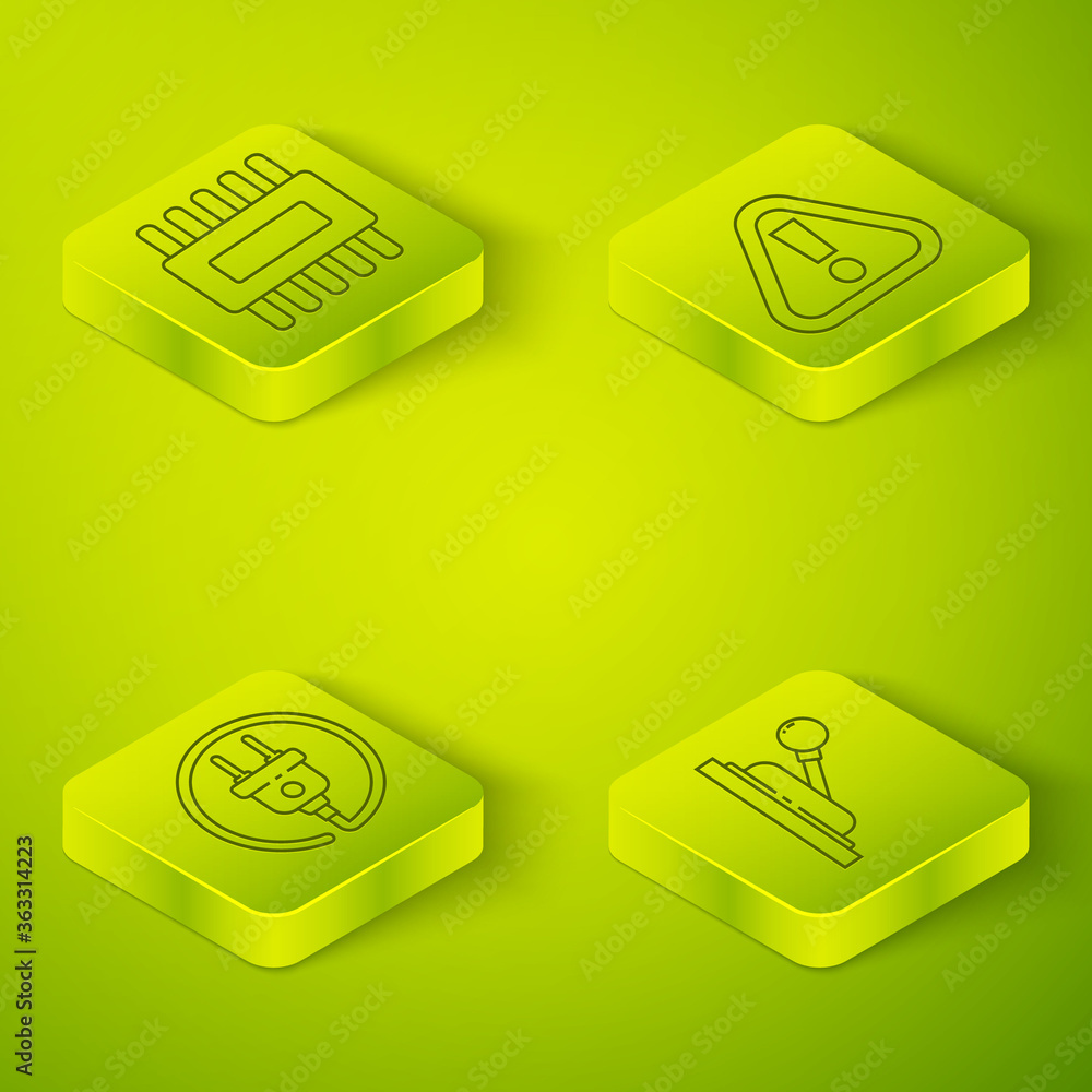 Poster set isometric exclamation mark in triangle, electric plug, electrical panel and processor with micro