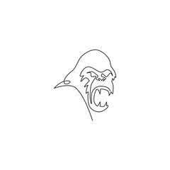 Single continuous line drawing of gorilla head for national zoo logo identity. Ape primate animal portrait mascot concept for e-sport team club icon. One line draw graphic design vector illustration