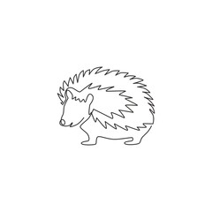 One continuous line drawing of cute little hedgehog for logo identity. Adorable mini spiky rodent animal concept for national zoo icon. Trendy single line draw design graphic vector illustration