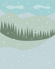 Winter landscape. The snow is falling. Forest and mountains. Illustration