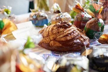 Round beautifully decorated bread with floral motifs for the feast of bread