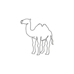 One single line drawing of desert Arabian camel for logo identity. Cute mammal animal concept for livestock husbandry icon. Trendy continuous line draw design graphic vector illustration