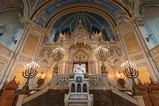 SZEGED, HUNGARY - JULY 6, 2016: Interior of Szeged Synagogue. It is a 1907 building designed by the Jewish Hungarian architect Lipot Baumhorn.