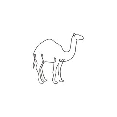 One single line drawing of strong desert Arab camel for logo identity. Cute mammal animal concept for livestock husbandry icon. Modern continuous line draw graphic design vector illustration