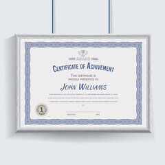 Official white blue certificate with grey realistic border on white wall background. Realistic effect shadow. Cerrificate hanging on the wall