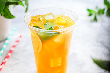 orange juice drink or lemonade mint transparent beverage glass cup takeaway drink Menu concept serving size food background top view copy space for text organic healthy eating
