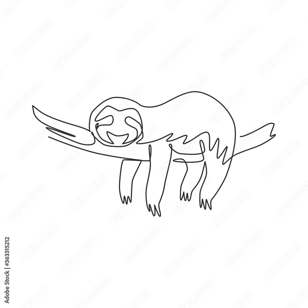 Wall mural One single line drawing of lovely adorable sloth sleeping at branch tree for logo identity. Cute mammal mascot concept for zoo icon. Trendy continuous line draw design vector graphic illustration