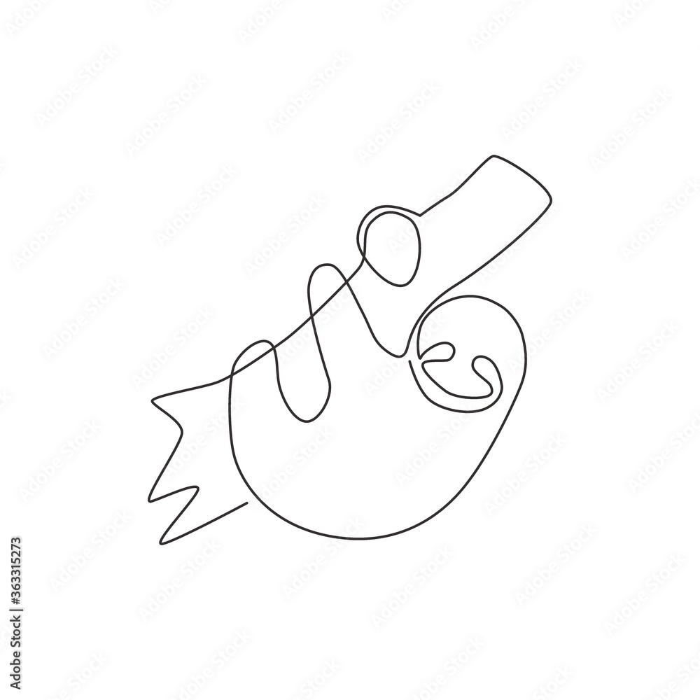 Poster single continuous line drawing of slow cute sloth hanging at limb tree for logo identity. marsupial 