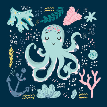 Vector hand drawn octopus. Ocean marine world. For children fashion and stationery, nursery, scrapbooking, home decor and textile, surface design. Part of a sea creatures collection