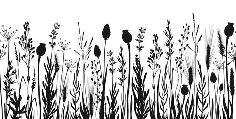Seamless horizontal banner with wild herb and flower silhouettes.