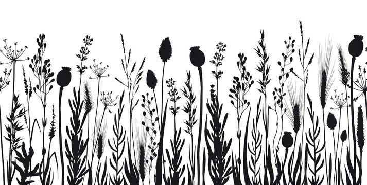 Seamless horizontal banner with wild herb and flower silhouettes.