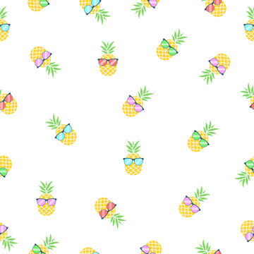Seamless pineapple in glasses. Fresh cute exotic fruits wear in sunglasses. Summer vector illustration background