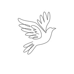 One single line drawing of adorable elegant fly dove bird for logo identity. Cute pigeon mascot concept for bird lover club icon. Dynamic continuous line draw design graphic vector illustration - obrazy, fototapety, plakaty