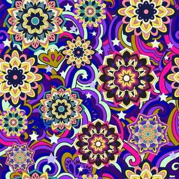 Colorful seamless pattern with plants and floral elements. Bright psychedelic background. Vector illustration.