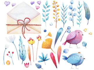 watercolor set of bird leaves envelopes plants on white background
