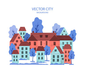 Vector illustration of a cityscape with buildings and trees - abstract horizontal background. Cartoon style city. Abstract background for header images for websites, banners, covers.