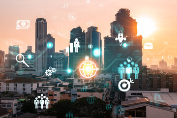 Hologram of Research and Development glowing icons. Sunset panoramic city view of Bangkok. Concept of innovative technologies to create new services and products in Asia. Double exposure.