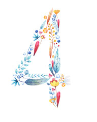 number 4 laid out with leaves of flowers sprigs of blue red yellow on a white background