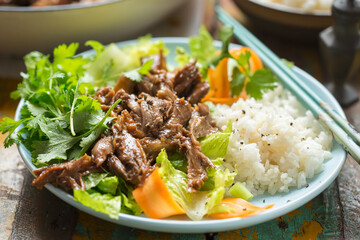 Hoisin duck with sticky rice and vegetable salad