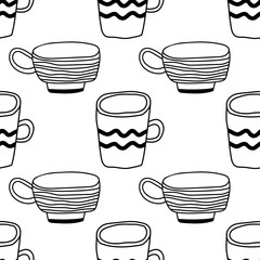 Black and white illustration of tea or coffee mugs. Seamless pattern for coloring book, page.