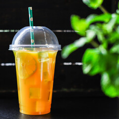 orange juice drink or lemonade mint transparent beverage glass cup takeaway drink Menu concept serving size food background top view copy space for text organic healthy eating