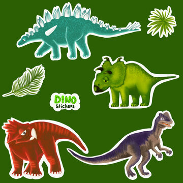 Baby cartoon dinosaur icon set  - Albertaceratops, Bagaceratops, Chungkingosaurus, Dilophosaurus,  palm leaf. For logo, poster, banner. For historic event, dino party invitation, birthday