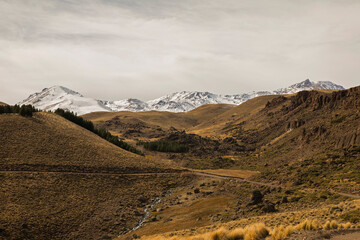 Idyllic landscape. The golden valley. View of the yellow meadow, mountains with snowy peak, Volcano Domuyo and a stream flowing across the valley. 