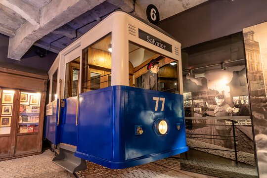 Krakow, Poland - June 3, 2018: old tramway used in german-occupied Poland inside Oskar Schindler's Enamel factory museum