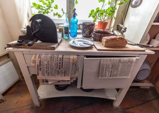 Krakow, Poland - June 3, 2018: Typical kitchen table used in german-occupied Poland. Inside Oskar Schindler's Enamel factory museum