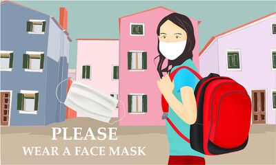 Please wear a face mask banner with schoolgirl, text, white medical face mask. Coronavirus banner. Back to school