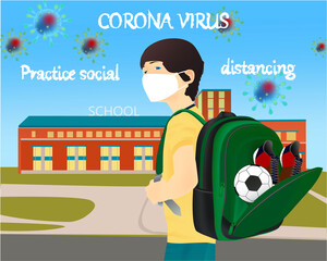 Please wear a face mask banner with schoolboy, text, white medical face mask. Coronavirus banner. Back to school