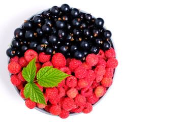 Raspberry and blackcurrant berries in a Cup view from the top on a white background.