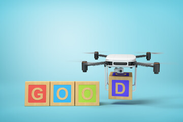 3d rendering of word 'GOOD' written with ABC blocks, with camera drone putting final letter D at the end of word, on blue background.