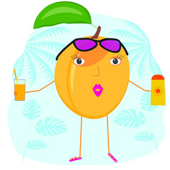 Funny apricot is resting at the resort. Vector illustration of a summer vacation at the sea. Funny cartoon fruit with sunglasses, sunscreen, juice.