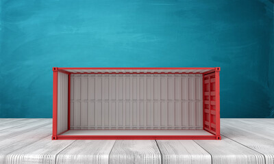 3d rendering of empty red shipping container side view on white wooden floor and dark turquoise background