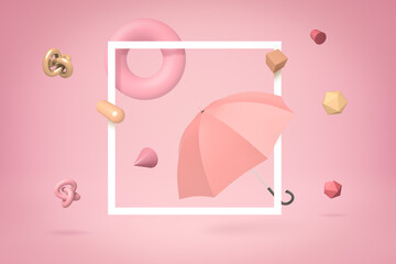3d rendering of pink umbrella with random geometric objects on pink background