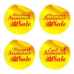 Yellow summer sale stickers sizzling,clearance,biggest,end of with sun symbol. Vector illustration