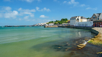 Swanage Bay seafront waters on a bright sunny June day