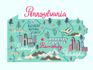 Illustrated map of  Pennsylvania, USA. Travel and attractions. Souvenir print