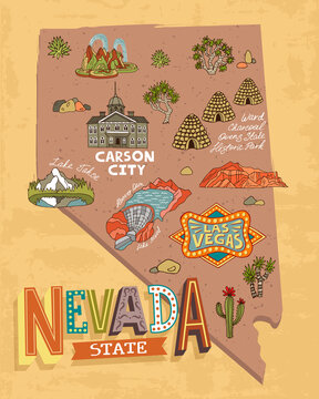 Illustrated map of  Nevada, USA. Travel and attractions. Souvenir print