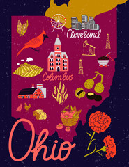 Illustrated map of  Ohio, USA. Travel and attractions. Souvenir print